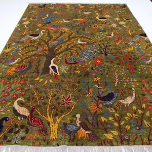 Green Pictorial Rug 6&#39;4x9&#39;9 Afghan Handmade Wool Area Rug/ Peacock Birds Trees Art Rug/ Oriental Turkmen Tribal Haunting Kids Room Piece Rug