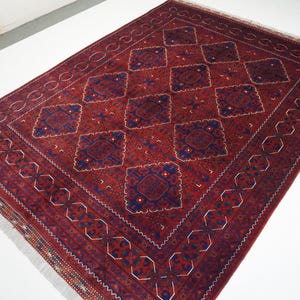 Large 7x9 Red Vintage rug/ Afghan Handmade Wool rug/ Turkmen Tribal Kalisaye Bukhara Rug/ High Pile Bedroom Rug/ Office rug/ Oriental Rug