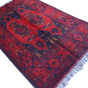 Vintage Rug 3&#39;1x4&#39;9 ft. Turkmen Red Bukhara rug 3x5 Afghan Handmade Wool Area Rug/ Khal Muhammadi Oriental Rug/ Rug for Bedroom/ Office Rug