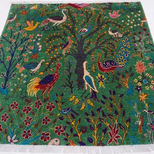 5x5 Green Square Rug/ Pictorial Rug/ 150x150 Handmade Wool Rug/ Birds Peacocks Trees Rug/ Rare Size Rugs/ Bedroom Rug/ Office/ Kids Room Rug
