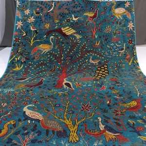 Turquoise Pictorial Rug 6x8 Afghan Handmade Wool Area Rug/ Peacocks Birds Trees Rug/ Oriental Turkmen Rug/ Living room/ Kids Room 170x240 cm