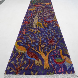 Alfombra afgana oriental de lana suave, hecha a mano, de turcomano, de 3 m, color morado, con pájaros y árboles, ideal para pasillo o habitación infantil.
