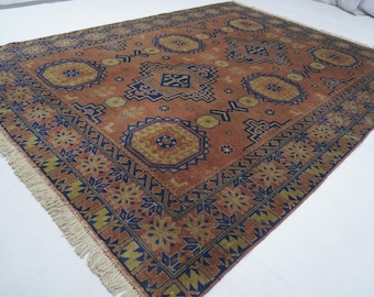 6x8 Large Terracotta Vintage Pattern Rug/ Turkmen Tribal Caucasian Sarique Rug/ Fine Area Rug/ Handmade Wool Rug/ Bedroom Rug 185x250 cm