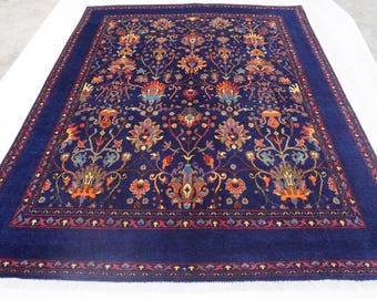 8x10 Navy Blue Floral Sultani Rug/ Turkmen Bijdar Rug/ Fine Quality Handmade Wool Rug/ Afghan Oriental Rug/ Rug for Bedroom/ Living Room Rug
