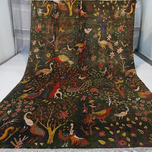7x10 Peacock Birds Trees Pictorial Rug/ Green Turkmen Fine Rug/ Quality Handmade Soft Wool Oriental Afghan Rug/ Bedroom Rug/ Kids Room Rug