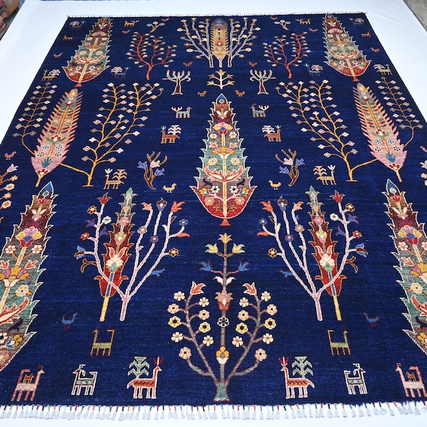 10x8 Navy Blue Tree of life rug/ Afghan Handmade Wool Pictorial Area Rug/ Natural Veg dyes Rug/ Rug for Living Room/ Kids Room Oriental Rug
