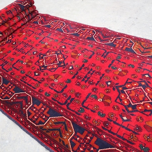 Red 16 ft Long Runner Rug/ Turkmen Bukhara Rug/ Handmade 100% Wool Carpet/ Khal Muhammadi Oriental Afghan Rug/ Kitchen Hallway Runner Rug