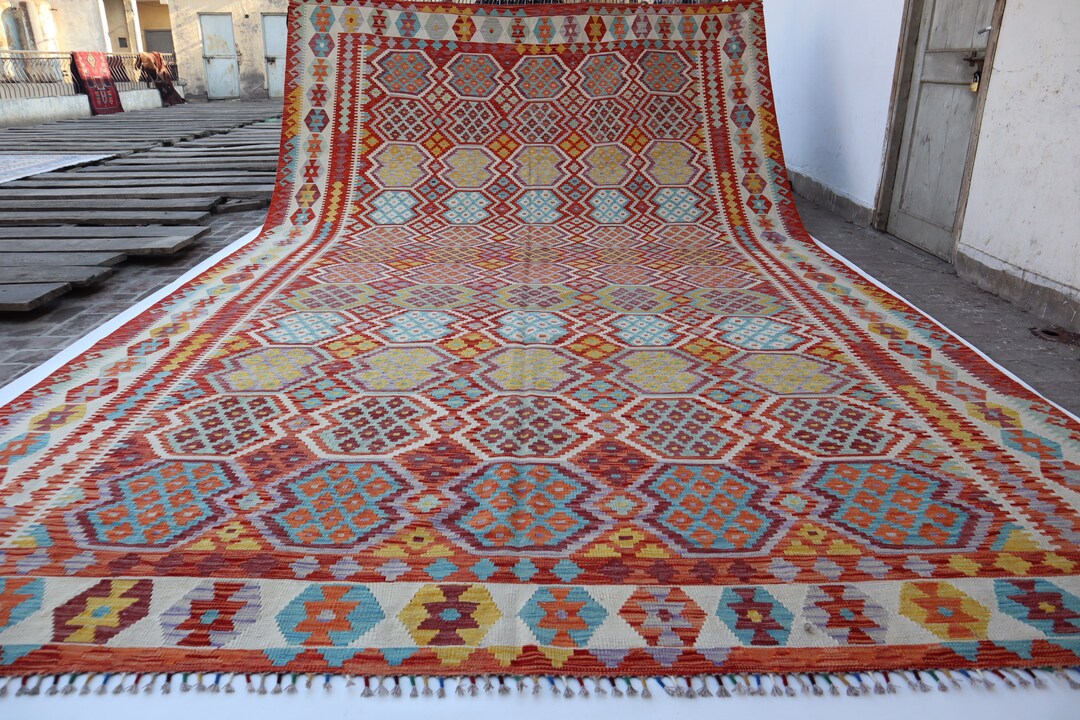 10x16 Afghan Kilim Area Rug/ Orange Beige Turquoise Authentic Kilim Veg