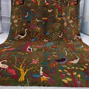 7x10 Peacock Birds Trees Pictorial Rug/ Dark Green Turkmen Fine Quality Handmade Soft Wool Oriental Afghan Rug/ Bedroom Rug/ Kids Room Rug