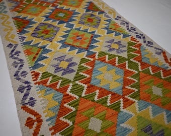 3x8 アフガンキリムランナーラグ/幾何学模様フラットウィーブキリム