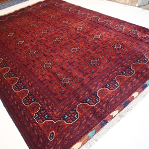 7x10 Afghan Fine Bukhara Rug/ Rich Red Turkmen Hand Knotted Wool Area Rug/ Oriental Rug/ Rug for Bedroom/ Living Room Rug 205x310 cm Carpet