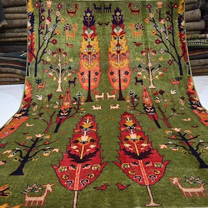 5x7 Fern Green Pictorial Rug/ Afghan Handmade Wool Area Rug/ Birds Multiple Trees Rug/ Oriental Turkmen Modern Rug/ Kids Room Rug 150x200 cm