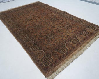 Terracotta Rug 1960s Antique Rug 4x6 Afghan Handmade Wool rug/ Turkmen Tribal Bukhara Rug/ Low Pile Rug/ Living Room Rug/ Oriental Area Rug