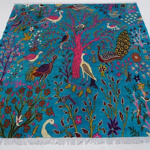 7x7 Turquoise Square Rug/ Pictorial Rug 200x200 cm Handmade Wool Rug/ Birds Peacocks Trees Rug/ Rare Rug/ Bedroom Rug/ Office/ Kids Room Rug