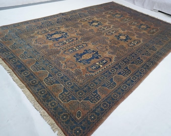 1990s Vintage Rug 7x10 Terracotta Area Rug/ Handmade Wool Rug/ Turkmen Caucasian Rug/ Low Pile Distress Faded Rug/ Living Room Rug 6'5x10'0"