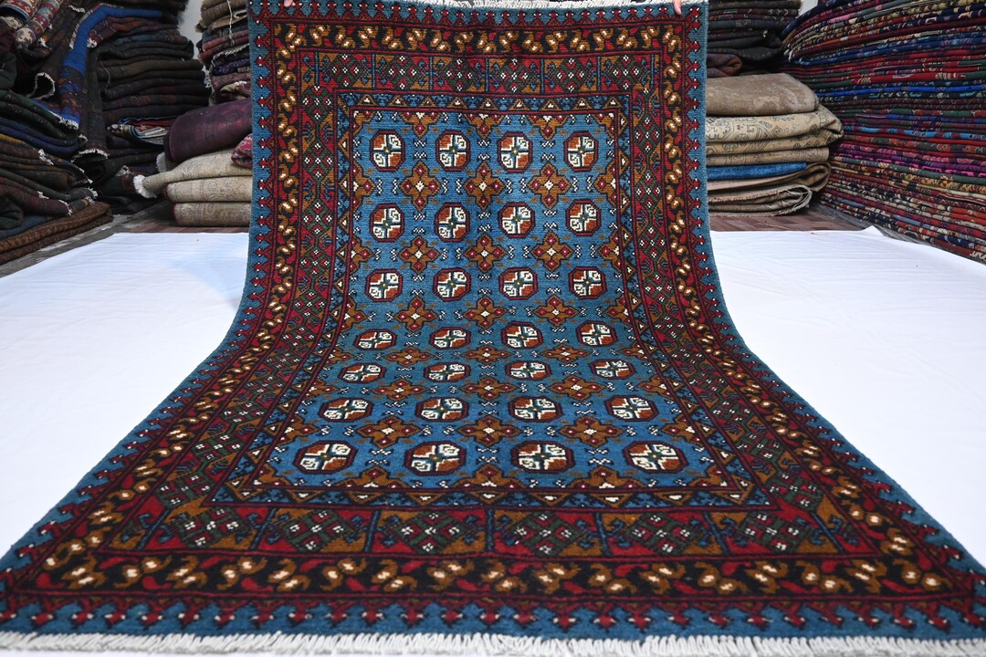 4x6 Turquoise Blue Mowri Rug/ Turkmen Tribal Rug/ Afghan Handmade High ...