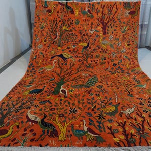 Orange Pictorial Rug 9&#39;9x6&#39;6 ft Afghan Handmade Rug/ Turkmen Wool Rug/ Peacock Birds Trees Portrait rug/ Haunting Piece Rug/ Kids Room Rug