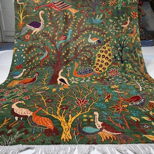 Fern Green Pictorial Rug 5x7 Afghan Handmade Wool Area Rug/ Peacock Birds Trees Rug/ Oriental Turkmen Rug/ Living room/ Kids Room 150x200 cm