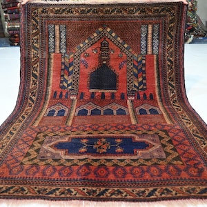 Antique Turkmen Prayer Rug 2&#39;8x4&#39;4 ft Afghan Vintage Tribal Rug/ Handmade Wool Soft Pile Fine Rug/ Oriental Muslim Prayer Rug/ 80x130 cm Rug