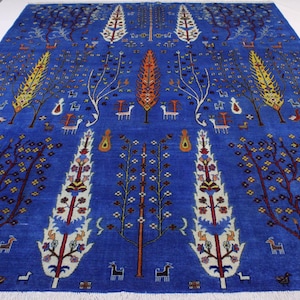 Royal Blauer 200x3000 Baum Des Lebens Teppich/ Afghanischer Teppich/ Handgemachter Teppich/ Blau, Weiss, Gelb, Orange, Teppich für Kinderzimmer/ Orientalischer Teppich/ Turkmenischer Teppich