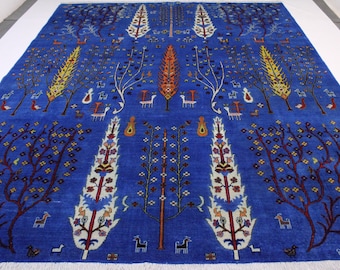 Royal Blue 8x10 Tree Of Life Rug/ Afghan Rug/ Handmade Pictorial Rug/ Blue, White, Yellow, Orange, Kids Room Rug/ Oriental Rug/ Turkmen Rug
