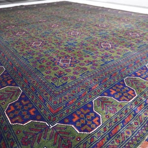 Afghan Custom Rugs/ Dark Green Handmade Wool Rug/ Soft Pile Turkmen famous Bukhara Rug/ Tribal Square Rug/ Bedroom Area Rug/ Hallway Runner