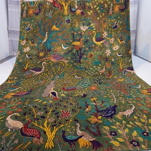 7x10 Fern Green Pictorial Rug/ Afghan Handmade Wool Rug/ Peacocks Birds Tress Rug/ Turkmen Modern Rug/ Traditional Area Rug/ Kids Room Rug