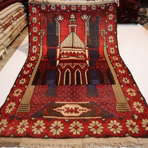 Vintage Prayer Rug 3x5 Afghan Prayer Bukhara Rug / Oriental Turkmen Area Rug / Handmade Wool Rug / 1960s Antique Red Muslim Prayer Carpet