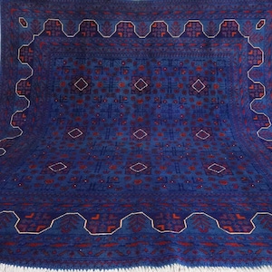 7x7 Rich Blue Square Rug 200x200 cm Turkmen Khal Muhammadi Bukhara rug/ Handmade Wool Rug/ Oriental Rug for Living Room Rug for Bedroom Rug