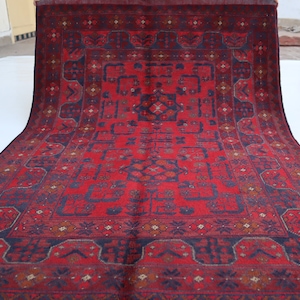 3&#39;2x4&#39;8 ft. Vintage Turkmen Bukhara rug 3x5 Afghan Handmade Wool Area Rug/ Red Khal Muhammadi Rug/ Oriental Rug/ Rug for Bedroom/ Office Rug