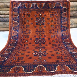 3&#39;5x4&#39;8 ft Orange Rug/ Handmade Rug/ Afghan Rug/ Wool Rug/ Bukhara Rug/ Tribal Rug/ Khal Muhammadi Rug/ Bedroom Rug/ Office Rug/ Kitchen Rug