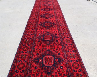 Red 13 ft Long Runner Rug/ Turkmen Bukhara Rug/ Handmade 100% Wool Rug/ Khal Muhammadi Oriental Afghan Rug/ Kitchen Rug/ Hallway Runner Rug