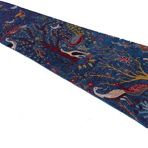 Alfombra de pasillo azul de 3 metros, con imágenes de pavo real, pájaros y árboles, de lana suave turcomana de alta calidad, hecha a mano, afgana oriental, para pasillo.