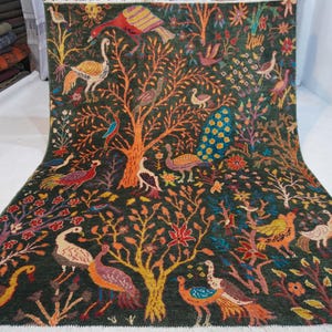 Green Pictorial Rug 5x7 Afghan Tribal Area Rug 150x200 cm Handmade Wool rug/ Peacock Birds Trees rug/ Oriental Afghan Rug/ Office Kids Room