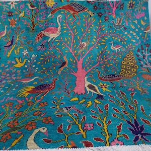 7x7 Turquoise Square Rug 6&#39;7x6&#39;6 ft Pictorial Rug/ Handmade Wool Rug/ Birds Peacocks Trees Rug/ Bedroom Rug/ Office/ Kid Room Rug 150x150 cm