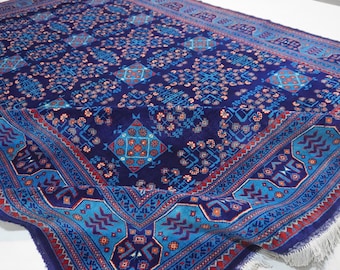 7x10 Navy Blue Bukhara Rug 6'6x10'1 ft Afghan Hand Knotted Super Fine Wool Rug/ Oriental Area Rug/ Turkmen Tribal Rug Bedroom Rug 200x310 cm