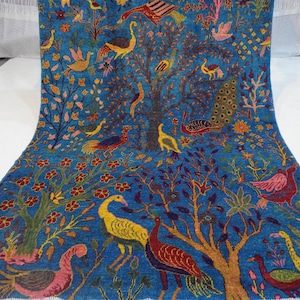 5x7 Peacock Birds Trees Pictorial Area Rug/ Blue Turkmen Fine Quality Handmade Soft Wool Rug/ Oriental Afghan Rug/ Bedroom Rug Kids Room Rug