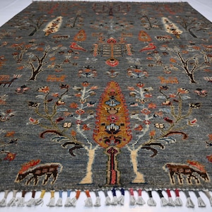 Natural Pictorial Rug/ 5x7 Afghan Handmade Fine Wool Rug/ Peacocks Birds Trees Rug/ Oriental Turkmen Rug/ Living room/ Kids Room/ 150x200 cm