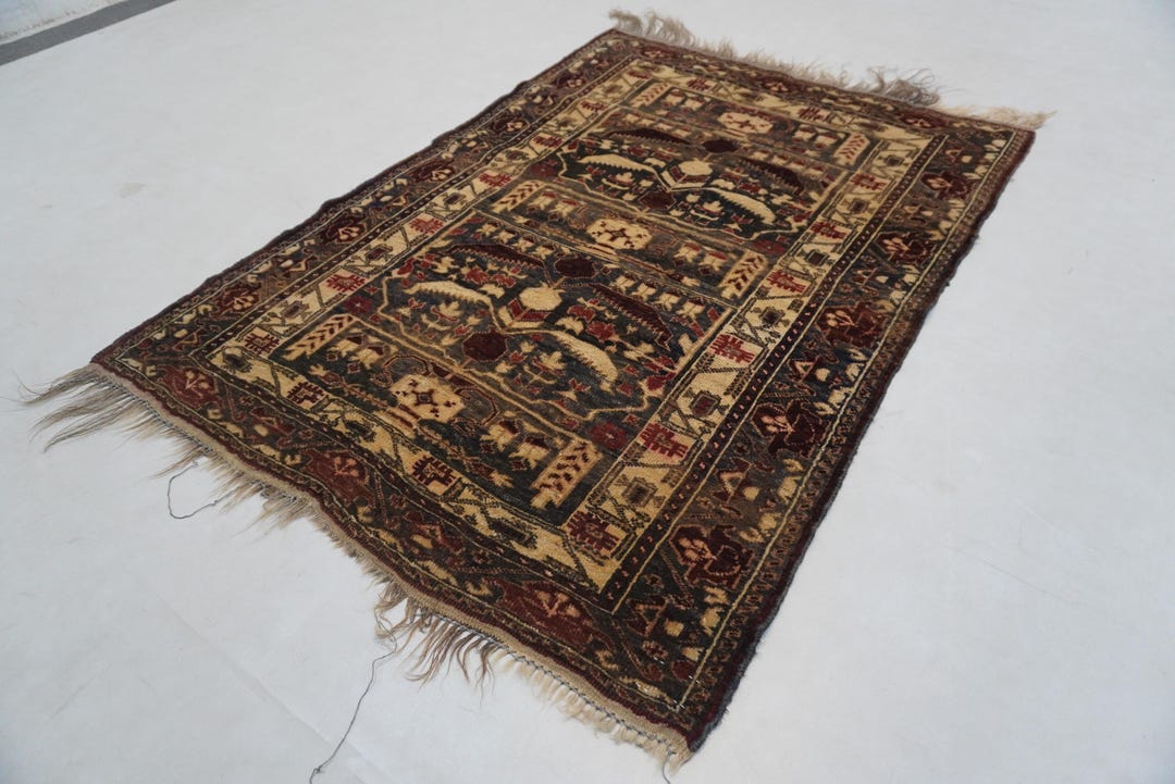 3x4 Antique 1900s Rug/ Ala Khoja Rug/ Afghan Handmade Wool Rug/ Low ...