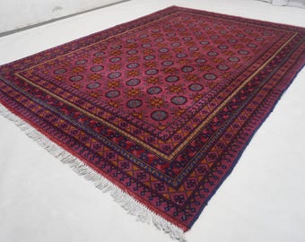6x8 Pink Afghan Rug/ Turkmen Mowri Gull Bukhara Rug/ Handmade Wool Rug/ Tribal Rug/ Rug for Living Room/ Oriental Rug 170x240 cm Area Rug