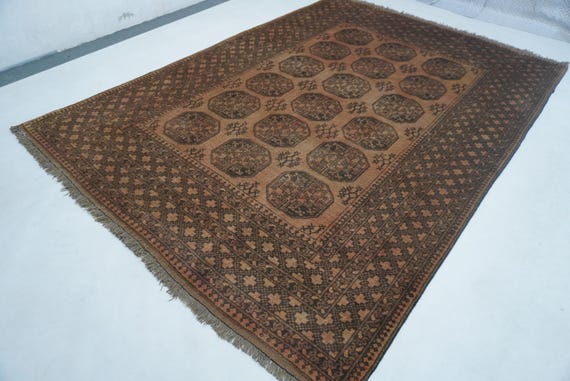 1920s Antique Terracotta Rug 6'6x9'4 ft Afghan Rug Handmade Wool rug/ Tekke Ersari Rug/ low pile Faded Rug/ Turkmen Tribal Rug/ Bedroom Rug