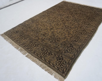 Terracotta 1920s Antique Rug 4x6" Turkmen Tribal Bukhara Rug/ Afghan Handmade Wool Rug/ Low Pile Distress Faded Rug/ Bedroom Rug/ Office Rug