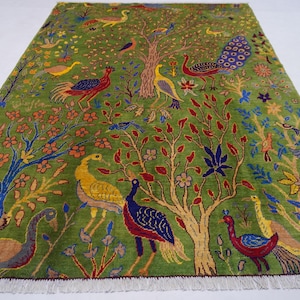 Fern Green Custom Rugs/ Afghan Pictorial Rug/ Turkmen Rug/ More than 50 Birds Peacocks Birds Trees Rug/ Oriental Kids Room Rug/ Square Rugs