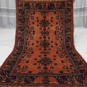 3&#39;5x5&#39;4 ft Afghan Terracotta Rug/ Turkmen Bukhara design Antique Pattern Soft Pile Area Rug/ Handmade Wool Rug/ Bedroom Rug/ Living Room Rug