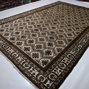 Afghan Vintage Rug 7x10 Turkmen Natural Gray Caucasian design Rug 1940s Antique Low Pile Rug/ Handmade Wool Area Rug/ Office Living Room Rug