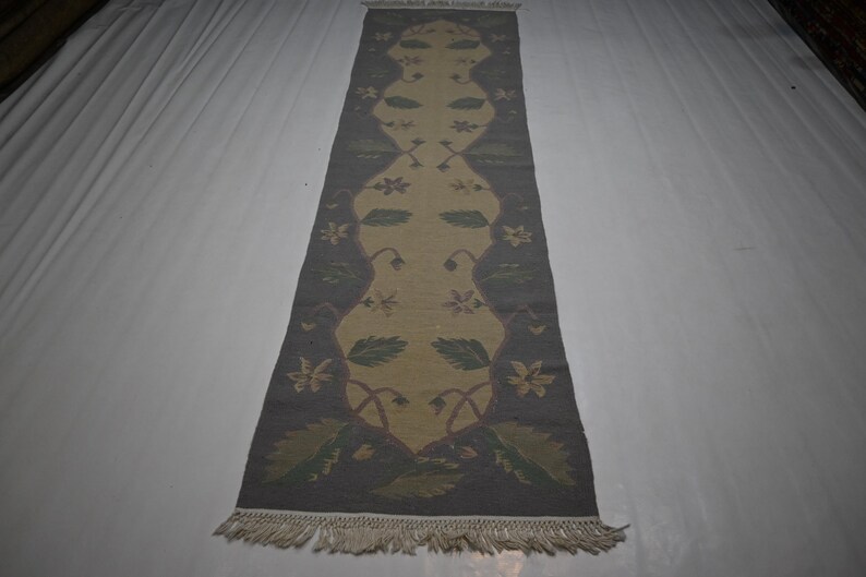 2 x 8 ft löparmatta/ Beige afghansk flatvävd Kilimmatta/ Turkmensk handgjord ullmatta/ 70 x 250 cm Vegetabiliska färgämnen Matta/ Turkmensk matta/Löpare i korridoren bild 2