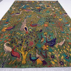 7x10 Dark Green Pictorial Rug Afghan Handmade Wool Area Rug/ Peacock Birds Trees Rug Oriental Turkmen Rug/ Living room/ Kids Room 200x300 cm