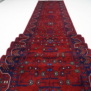 Red 26 ft Long Runner Rug/ Turkmen Bukhara Rug/ Handmade 100% Wool Carpet/ Khal Muhammadi Oriental Afghan Rug/ Kitchen Hallway Runner Rug