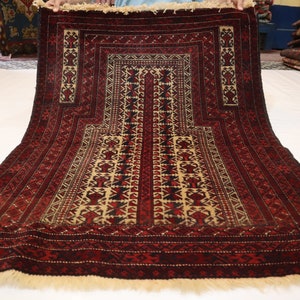 3x4 ft Handmade Vintage Geometric Prayer Rug/ Afghan Area rug/ Soft Pile Wool Fine Turkmen Tribal Prayer Rug/ Oriental Muslim Prayer Old Rug