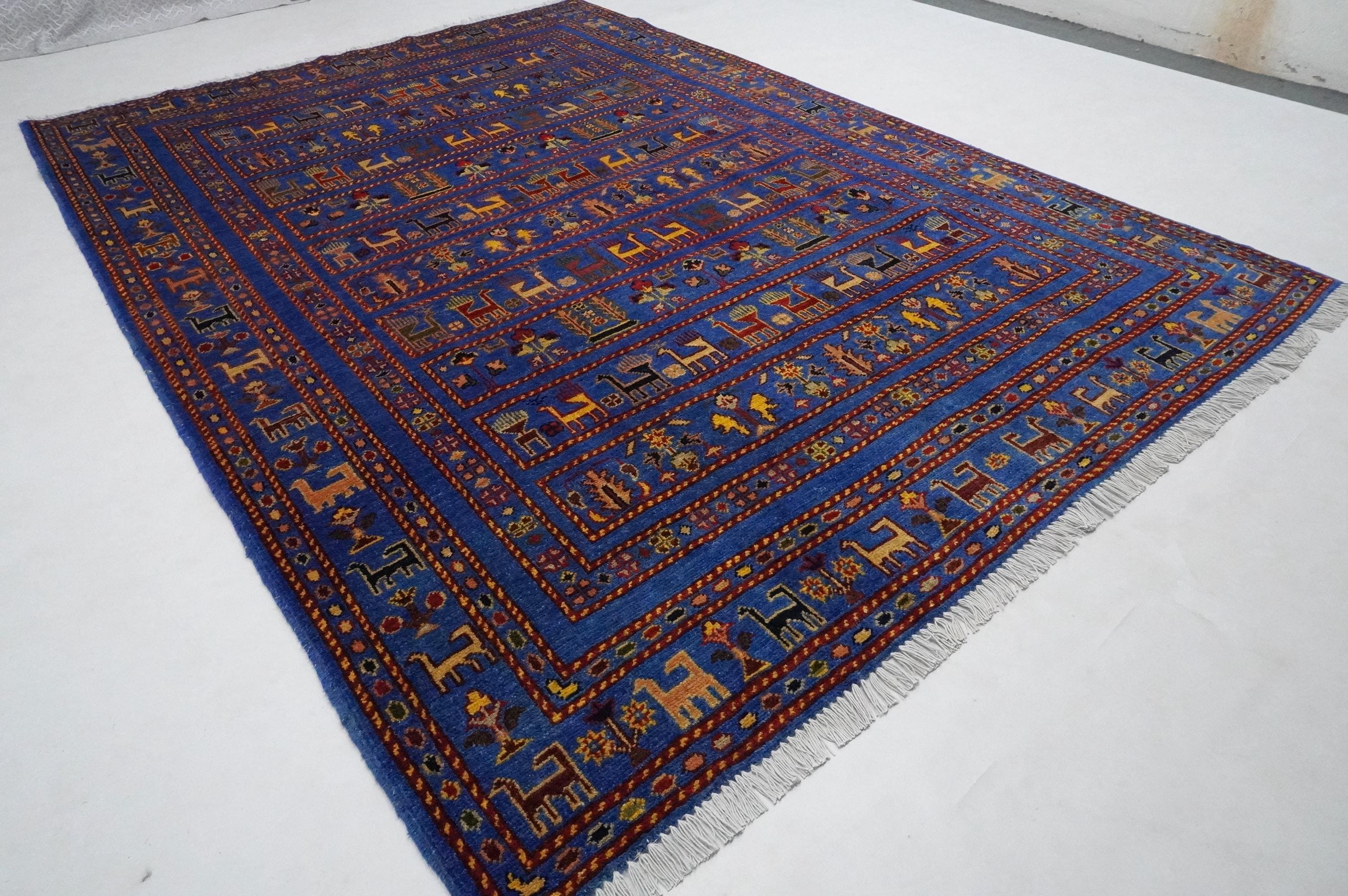 6x8 ブルー ピクトリアル ラグ/アフガニスタン ハンドメイド ウール